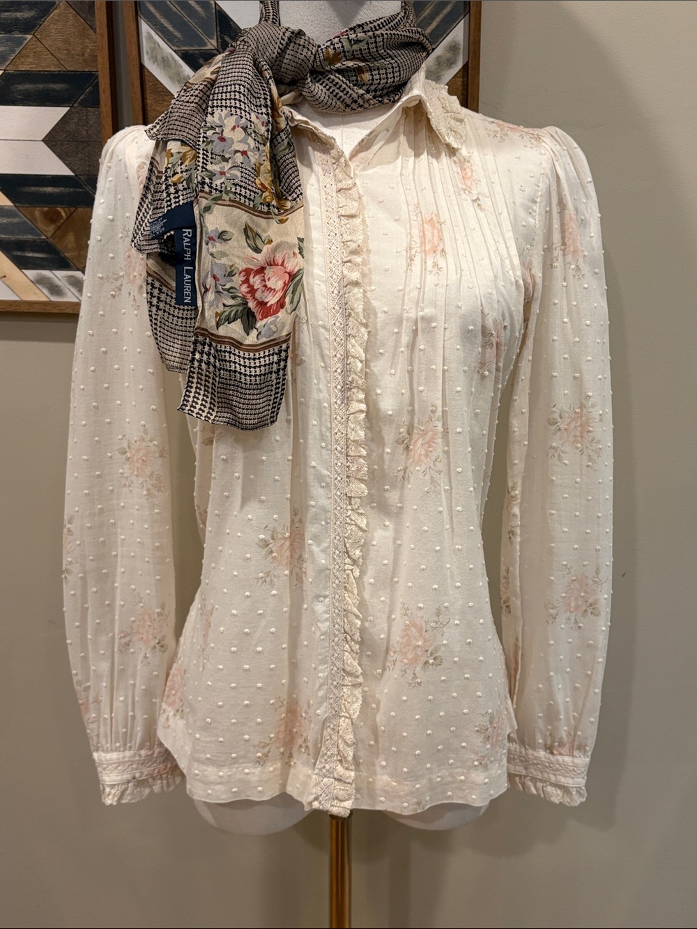 Vintage Ralph Lauren Lace Swiss Dot Floral Ruffle Button-Down Blouse Japanese 7